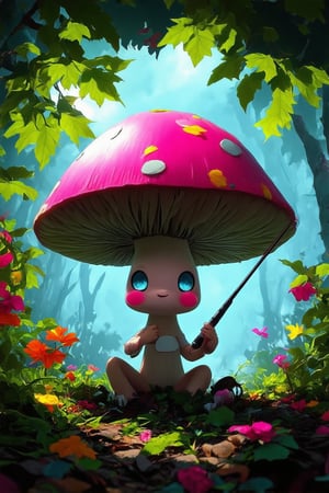 A playful chibi character sitting on a giant mushroom, surrounded by lush greenery and vibrant flowers. The character's bright blue eyes sparkle with mischief as they hold a tiny fishing rod, their pink cheeks flushing with excitement. The camera captures a close-up of the whimsical scene, with the mushroom's soft, rounded cap framing the subject. Warm sunlight filters through the leaves, casting dappled shadows on the forest floor.