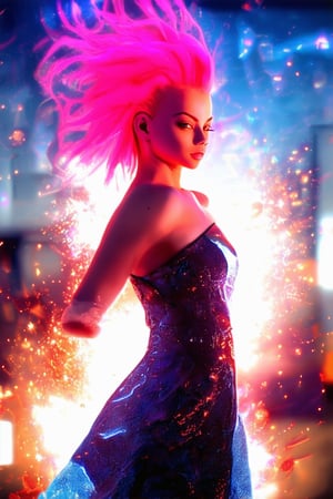 Captured in a burst of sunlight, a radiant model strikes a bold pose against a kaleidoscope background, her vibrant pink hair and matching dress exploding with energy. The camera frames her from the side, highlighting the dynamic contrast between her fiery locks and the soft, creamy skin. Soft focus blurs the busy cityscape behind her, emphasizing her bright presence.