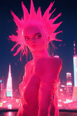 A fierce pink explosion dominates the frame as a strong, statuesque woman stands confidently in front of a neon-lit cityscape at dusk. Her fiery locks ablaze with pink dye job, she gazes directly into the camera lens with an unapologetic intensity, her sharp jawline and piercing gaze radiating a sense of untamed power.