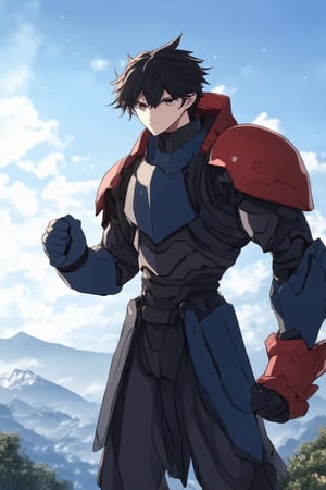 A young anime-style warrior stands confidently in a bold stance, feet shoulder-width apart, hands clenched into fists, and eyes fixed on the horizon. Dark blue and crimson armor plates adorn their arms and torso, reflecting sunlight that casts a warm glow on their determined expression. A misty Japanese landscape stretches out behind them, with ancient trees and distant mountains fading into the atmosphere.