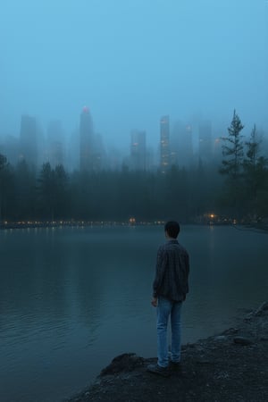 A hauntingly beautiful scene unfolds: a lone figure stands at the edge of a dark blue lake, surrounded by an eerie mist. The subject's worn jeans and faded flannel shirt blend with the desolate landscape, as if they're one with the shadows. The only sound is the soft lapping of water against the shore, punctuated by the distant hum of city lights beyond the treeline, a stark reminder of reality's darkness.