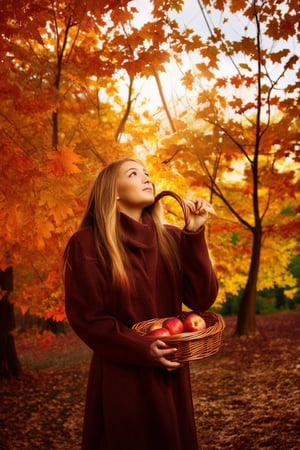 A golden-hued sunlight filters through the rustling leaves as a young woman, dressed in cozy autumnal attire, stands amidst a backdrop of vibrant orange and crimson foliage. Her hands cradle a basket filled with freshly picked apples, her eyes gazing upwards towards the warm, sun-kissed sky.