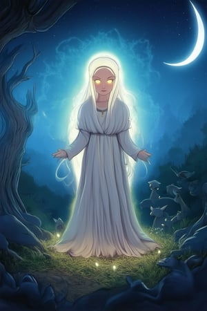 Moonlit forest glade, mystical mama stands tall, surrounded by wispy mist and ancient trees, her eyes aglow with otherworldly light. Silky hair flows like the night sky, while a crescent moon hangs low, illuminating her gentle smile. Forest creatures gather at her feet, sensing the magic that emanates from this mysterious mother.