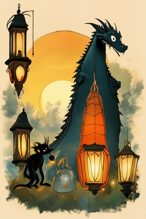 A nostalgic homage to classic animation, a warm sun-kissed sunset backdrop sets the stage as beloved characters from Don Bluth's iconic films, such as Dragon's Lair or The Secret of NIMH, come together in a vibrant tableau. Softly glowing lanterns and whimsical architecture evoke a sense of wonder and magic.