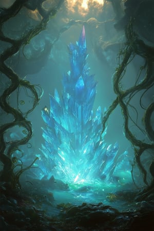 A surreal landscape bathes in an ethereal glow as towering crystals, their facets aglow with a soft blue light, rise from the mist-shrouded forest floor. Vines and tendrils wrap around the crystals' bases, casting intricate shadows on the ground. A subtle mist veils the scene, accentuating the otherworldly atmosphere.