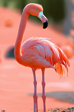 A close-up shot of a fierce pink-hued flamingo standing tall on one leg, its vibrant plumage glowing in the warm sunlight. The background is a blurred mix of soft pinks and peaches, creating a sense of depth and dimension. The flamingo's sharp beak and piercing gaze command attention, as if daring anyone to challenge its dominance.