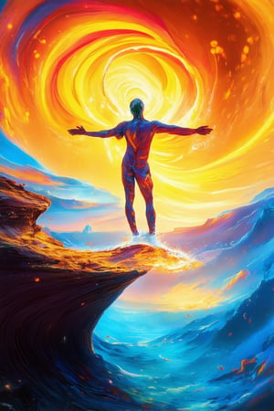 A surreal dreamscape unfolds: a kaleidoscope of colors swirls around a figure standing at the edge of a cliff, as if the vibrant effect of a painter's brush has brought their world to life. The subject, arms outstretched, is bathed in warm golden light, while the surrounding landscape radiates with an otherworldly glow.