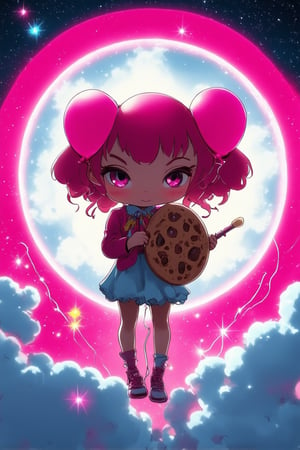 A vibrant, whimsical illustration of a chibi character, framed within a bright pink circle with white highlights and sparkles. The subject, a small, rosy-cheeked girl with short, curly brown hair and big, shining eyes, poses playfully, one hand grasping a giant cookie, while the other holds a sparkly wand. Soft, warm lighting wraps around her features, casting a gentle glow on the surrounding background of fluffy white clouds and pastel-colored balloons.