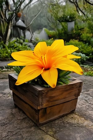 A vibrant yellow Hakame flower sitting atop a worn, weathered wooden crate in a serene Japanese garden setting. Softly glowing lanterns and misty morning light dance across its delicate petals as it blooms amidst lush greenery and rustic stone pathways.