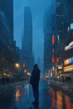 A dark blue-hued realism piece, perhaps a moody nocturnal scene. A cityscape at dusk, with towering skyscrapers and neon lights reflecting off wet asphalt. The darkness is punctuated by the faint glow of streetlamps casting long shadows. In the foreground, a solitary figure stands, lost in thought, surrounded by the urban bustle, yet disconnected from it all.