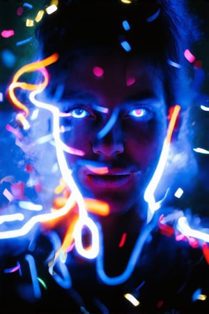 A close-up shot of a person's face, lit by a bright, pulsing neon light, casting a vibrant glow on their features. The subject's eyes sparkle with excitement as they gaze directly at the camera, surrounded by a swirling mist of colorful confetti, creating a mesmerizing effect.