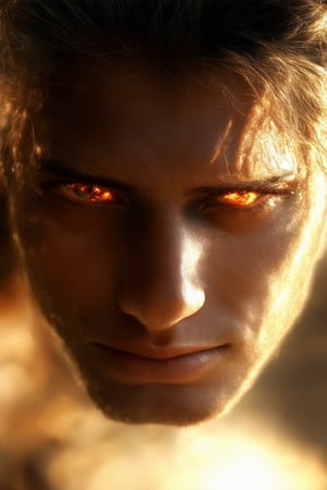 A close-up shot of a determined individual's face, lit by a warm golden light, with deep shadows accentuating their features. The subject's eyes burn with intensity, their brows furrowed in concentration. A faint hint of a smile plays on their lips, conveying a sense of quiet confidence and inner strength. The background is blurred, focusing attention solely on the individual's powerful expression.