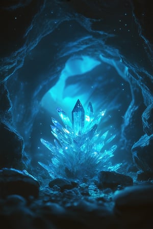 A mystical cavern glows with an ethereal light as a cluster of iridescent crystals rises from the darkness, their facets shimmering like tiny stars. Soft blue mist swirls around the crystals, casting an otherworldly ambiance. In the foreground, a single crystal formation sprouts from the ground, its luminescence illuminating the surrounding rocks.