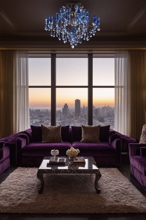 A stunning image of a lavish living room, with plush velvet couches wrapped in ornate golden frames, set against a backdrop of floor-to-ceiling windows framing the cityscape at sunset. Soft, warm lighting casts a gentle glow on the richly textured rug and gleaming marble coffee table. A regal chandelier hangs majestically above, its crystals refracting hints of blue and purple into the space. The overall atmosphere exudes opulence and refinement.