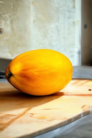 A close-up shot of a bright yellow Hakame fruit with a slight sheen, sitting on a worn wooden cutting board amidst a rustic kitchen backdrop. Soft morning light pours in through the window, casting a warm glow on the fruit's vibrant color.