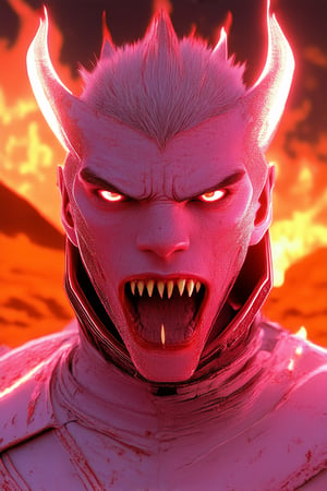 A close-up shot of a fierce warrior's face, lit by the warm glow of sunset flames, with a bold pink tint surrounding their features. The pink hue dominates the composition, drawing attention to the warrior's determined expression and sharp jawline. In the background, a fiery orange-red landscape blazes with intense ferocity.