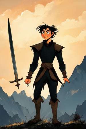 A nostalgic warm lighting illuminates a whimsical fantasy world, reminiscent of Don Bluth's iconic animation style. In the foreground, a brave warrior, inspired by characters from 'Dragon's Lair' and 'Thief and the Cobbler', stands proudly with sword in hand, set against a majestic mountain range at sunset, with wispy clouds drifting lazily across the sky.