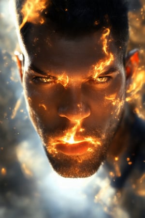 A close-up shot of a determined individual's face, with intense focus and concentration. The eyes burn with an inner fire, radiating confidence and conviction. Strong facial muscles create deep crevices, accentuating the emotional depth. Harsh overhead lighting highlights the sharp contours, while a shallow depth-of-field blurs the background, emphasizing the subject's unwavering expression of power.