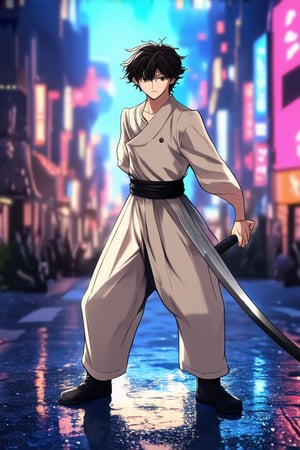 A young anime protagonist stands confidently in a dynamic stance, feet shoulder-width apart, with one hand resting on the hilt of a katana at their side. The background is a vibrant cityscape with neon lights reflecting off the wet pavement. Soft, warm lighting casts a heroic glow around their determined expression.