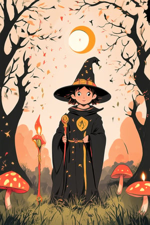 A whimsical flat art scene: A young wizard stands proudly in a mystical forest, surrounded by glowing mushrooms and vines. Soft candlelight illuminates the ancient trees, casting long shadows on the enchanted grass. The wizard's pointed hat is adorned with tiny stars, and their staff emits a warm, golden glow. Framed by a crescent moon hovering above.