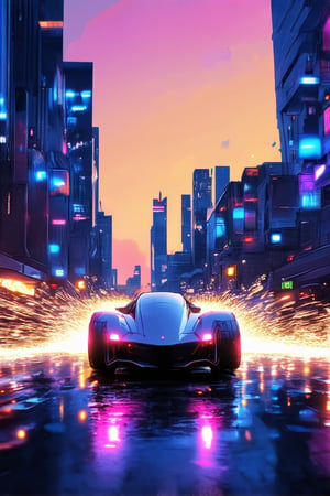 A stunning image of a futuristic cityscape at dusk, with vibrant neon lights reflecting off the wet pavement, creating a kaleidoscope effect. The sky is painted with hues of pink, orange, and purple, as a sleek, silver hovercar zooms past, leaving a trail of sparks in its wake.