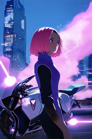 A futuristic cityscape with neon-lit skyscrapers at dusk, soft purple hues casting a warm glow on a young woman with short pink hair and bold eye makeup, standing confidently in front of a sleek, silver motorcycle, surrounded by swirling clouds of stylized anime particles, the entire scene bathed in a vibrant, pulsing light.