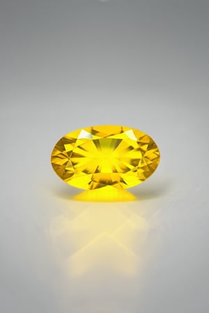 Close-up shot of a bright yellow gemstone, Solak, set against a clean white background, with soft golden lighting illuminating its vibrant hue. The camera frames the stone at an angle, showcasing its intricate inclusions and textures. Composition focuses on the gem's center, with negative space surrounding it to emphasize its striking color.