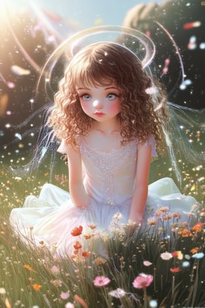 A whimsical illustration of a young girl with sparkling eyes and curly brown hair, surrounded by a halo of shimmering fairy dust. She sits cross-legged on a soft, velvety grass, amidst a bouquet of colorful wildflowers. The sunlight casts a warm glow, highlighting the intricate details of her dress and the wispy tendrils of magic surrounding her.