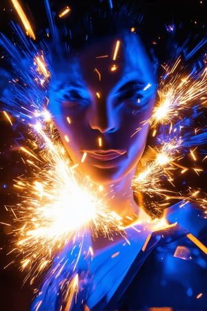 A dynamic close-up captures a burst of colorful sparks flying outward from a central point, radiating vibrant energy and lighting up the darkened space with electric blue and fiery orange hues. Shards of light dance across the subject's face, casting an otherworldly glow.