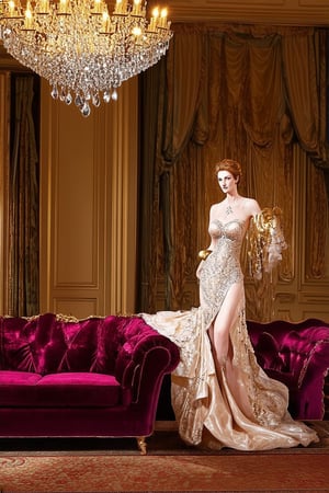 A sumptuous interior scene: a plush velvet couch in a rich jewel-toned hue is situated within a grand ballroom, bathed in warm golden light emanating from crystal chandeliers. A regal figure, adorned in designer evening wear and dripping in diamonds, lounges languidly on the sofa, exuding opulence and sophistication.