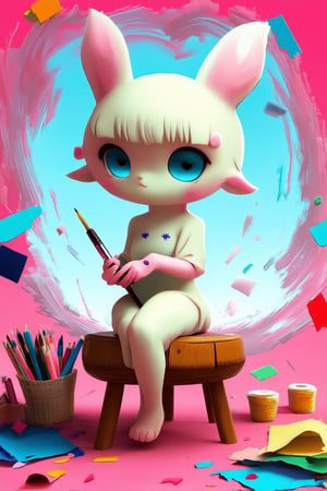 A whimsical chibi character sitting on a vintage-inspired wooden stool, surrounded by scattered art supplies and colorful scraps of paper. Soft pastel lighting casts a warm glow on their rosy cheeks and bright blue eyes shining with creative enthusiasm. A tiny paintbrush is held between their paws, as if paused mid-stroke, amidst a composition of swirling shapes and playful lines.