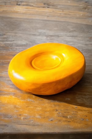 A vibrant yellow Hakame sits majestically on a worn wooden table, its intricate carvings glistening in the warm afternoon light. The camera frames the subject from a 45-degree angle, highlighting the texture of the wood and the subtle sheen on the Hakame's surface.