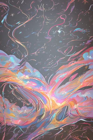 A whimsical scene unfolds on a flat canvas, where vibrant colors blend seamlessly to create an enchanting atmosphere. Within this mystical realm, delicate patterns dance across the surface, resembling wisps of clouds or tendrils of vines. A gentle glow emanates from within, as if luminescent stars are embedded in the fabric itself.