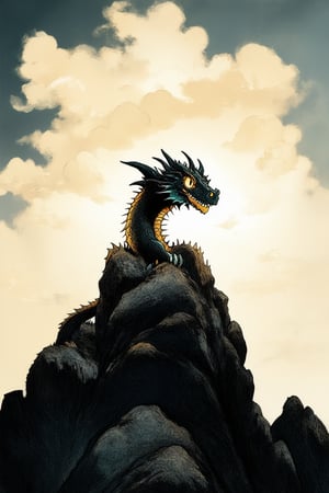 A whimsical illustration of a fantastical dragon perched on a mystical mountain peak, with a wispy cloud formation in the background and a hint of sunlight casting a warm glow. The dragon's scales glimmer with a subtle iridescence as it gazes out at the viewer, its eyes shining like two polished gemstones.