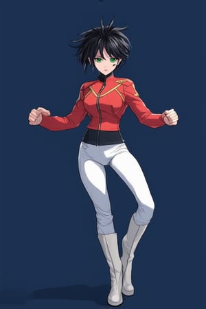 A young woman with short, spiky black hair and piercing green eyes stands confidently, legs shoulder-width apart, in a dynamic pose, her fists clenched and arms flexed. Her iconic anime-inspired outfit features a sleek red jacket with gold accents, high-waisted white pants, and knee-high boots. Against a dark blue background, she dominates the frame, her bold expression radiating confidence and determination.