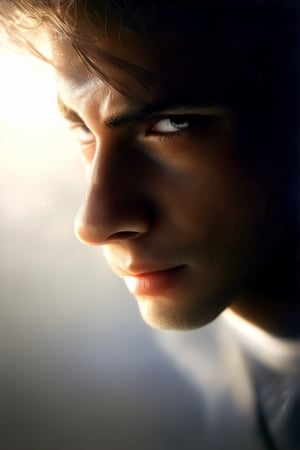 A close-up shot of a determined individual's face, with intense eyes fixed on something in the distance. Their jawline is set, and their lips are pressed together in a firm line, exuding confidence and strength. The lighting is dramatic, with a single source casting a warm glow on their features, emphasizing their powerful expression.