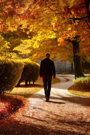 Warm sunlight filters through the rustling leaves as a lone figure walks along a winding path surrounded by vibrant autumn foliage. Golden hues of oak and maple trees contrast with the deep crimson of nearby bushes, while the soft focus of the camera captures the gentle haze of the season.