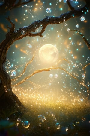 Amidst a mystical forest, glowing crystals suspended from twisted tree branches cast an ethereal glow. Softly lit by lunar rays, delicate orbs refract light into kaleidoscopic patterns, as if the very essence of magic had taken physical form.