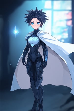 A teenage girl with short, spiky anime-style hair stands confidently in a dynamic stance, left leg slightly bent and right leg straight, as if ready to spring into action. Her bright blue eyes sparkle with determination, framed by thick eyelashes and a sharp jawline. A dark background with subtle neon lights enhances her bold outfit, complete with a flowing white cape and high-tech armor accents.