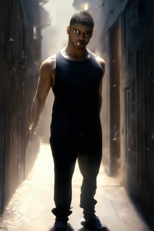 A powerful individual stands confidently in a dimly lit alleyway, the only sound being the distant hum of city traffic. Strong facial features and piercing eyes radiate determination as they gaze directly into the camera lens. Shadows cast by the surrounding walls emphasize their imposing presence, while a subtle smirk hints at a fierce inner strength.