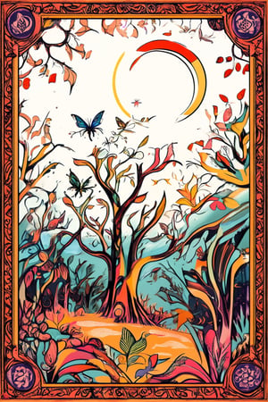 Whimsical illustration of a fantastical world, rendered in flat art style, with bold lines and vibrant colors. A mystical forest glows under a crescent moon's soft light, as mythical creatures like faeries and sprites dance amidst fluttering leaves. The composition is framed by ornate borders, adorned with intricate patterns and symbols.