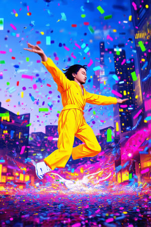 A neon-lit cityscape at dusk, with a kaleidoscope of colors swirling around a central figure in motion. Vibrant hues of pink, green, and blue dance across the scene, as if infused with an electric charge. The subject, dressed in a bright yellow jumpsuit, leaps into the air, arms outstretched, amidst a whirlwind of colorful confetti.