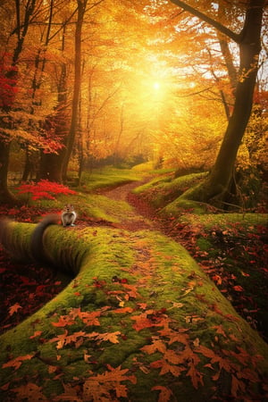 A warm sun casts a golden glow on a serene autumn landscape. Leaves in shades of amber, crimson, and honey yellow rustle softly in the gentle breeze, framing a meandering woodland path. A solitary squirrel sits atop a moss-covered log, its bushy tail twitching as it surveys the surroundings.