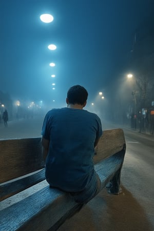 A moody, dark blue-hued realism scene: a solitary figure, dressed in worn jeans and a faded t-shirt, sits on a weathered wooden bench, back to the viewer. The surrounding atmosphere is heavy with misty fog, illuminated only by faint streetlights casting long shadows. The subject's introspective expression is illuminated by a single, dim overhead light, creating an air of contemplation.