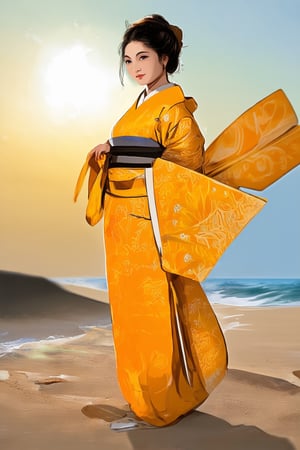 A vibrant yellow Hakame posing against a warm sandy beach, with gentle waves lapping at their feet. The sunlight casts a golden glow, highlighting the intricate patterns on their kimono as they stand confidently, one hand holding a traditional Japanese fan. The background blurred, focusing attention on the subject's elegant demeanor and bright attire.