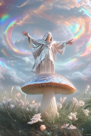 A whimsical depiction of a fantastical realm, where swirling clouds of iridescent mist dance across the sky. In the foreground, a diminutive figure in shimmering silver robes stands atop a toadstool, arms outstretched as if summoning the very essence of wonder. Soft, ethereal light illuminates the scene, casting a warm glow on the surrounding foliage.