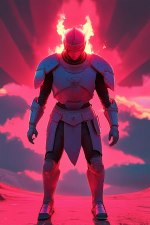 Vibrant pink hues engulf a fierce warrior's armor, illuminated by fiery sunset rays casting a warm glow on rugged terrain. The brave fighter stands tall, eyes blazing with determination, as the intense color scheme dominates the composition, drawing attention to their unwavering spirit.