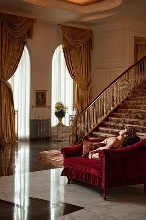 A grand estate's opulent foyer showcases a lavish lifestyle: plush velvet curtains frame floor-to-ceiling windows bathing the marble floors in soft, golden light. A majestic staircase curves upward, its ornate banister glinting with subtle sparkle. In the foreground, a regal figure reclines on a sumptuous couch, surrounded by pillows and throws in rich jewel-toned hues.