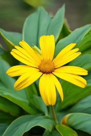 A close-up shot of a bright Solak flower against a soft, blurred green leaf background. The vibrant yellow petals take center stage, radiating warmth and energy as the camera captures their delicate texture and intricate details. The surrounding foliage fades into a gentle blur, emphasizing the flower's striking hue.