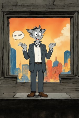 A nostalgic nod to classic animation, a whimsical scene depicts Don Bluth standing confidently in front of a colorful cartoon backdrop, his hands gesturing as if describing an idea. Soft lighting casts a warm glow on his features, while the composition emphasizes his personality and creativity. The subject is framed against a bold, hand-painted cityscape, with cartoon characters peeking out from windows and rooftops.